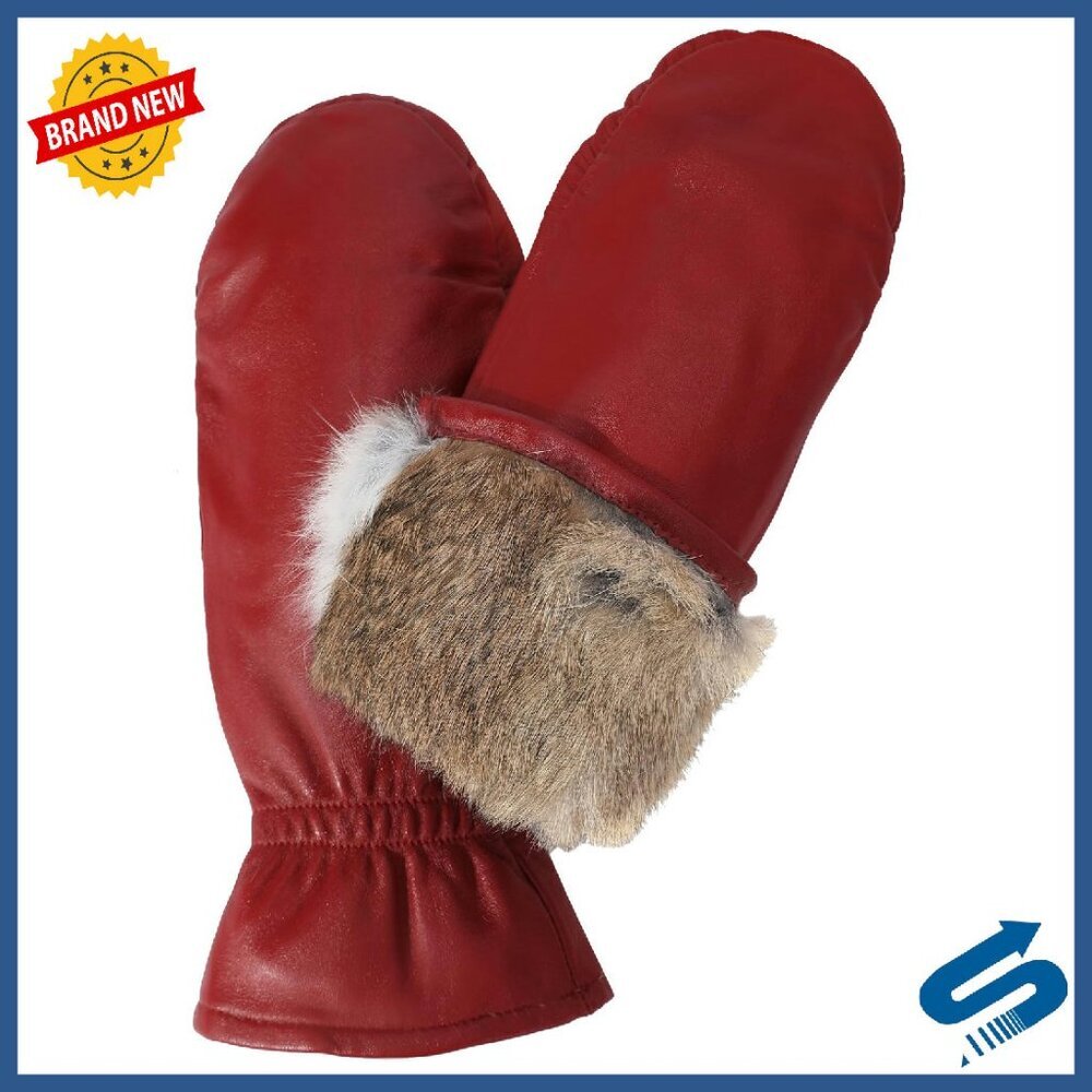 Women's Leather Mittens with Rabbit Fur Lining, Winter Warm Gloves